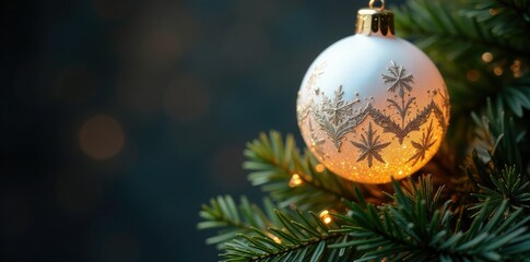 Ornate white sphere crowns the Christmas tree with elegance, glowing sphere, ornate, majestic