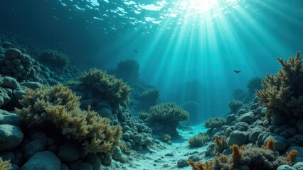 Naklejka premium Underwater coral reef with sunlight rays illuminating sandy seabed and corals 