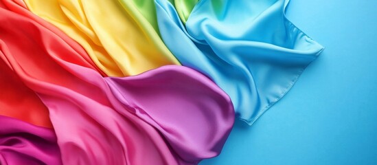 Rainbow silk fabric draped on blue background (1)