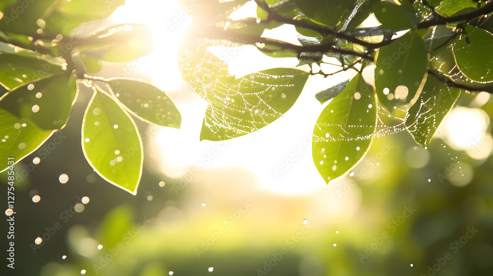 Poster sunlight filters through lush green leaves, creating a serene atmosphere with droplets of water glis