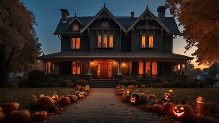 "Halloween House Adorned with Pumpkins: Winning Stock Photo
