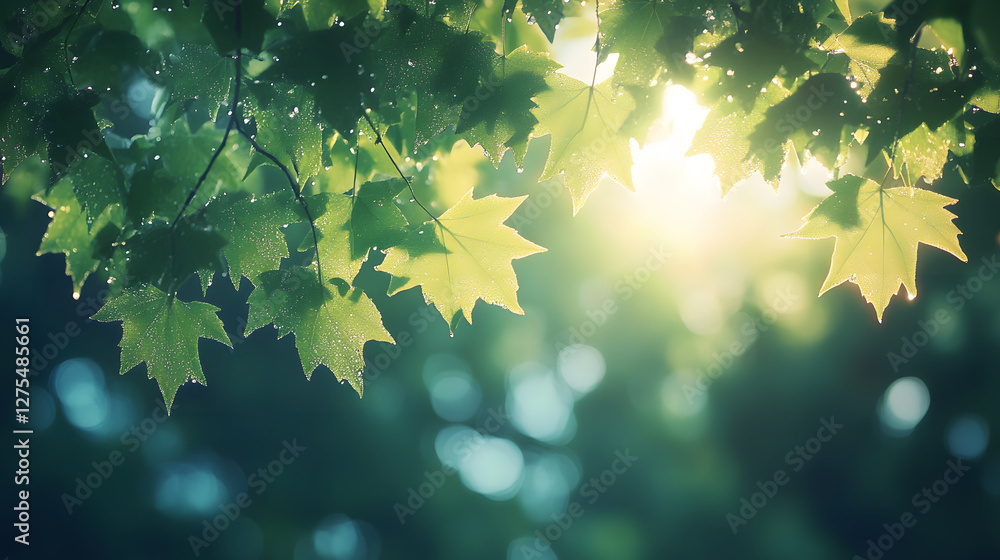 Poster sunlight filters through green leaves, creating a serene and refreshing atmosphere, enhanced by gent