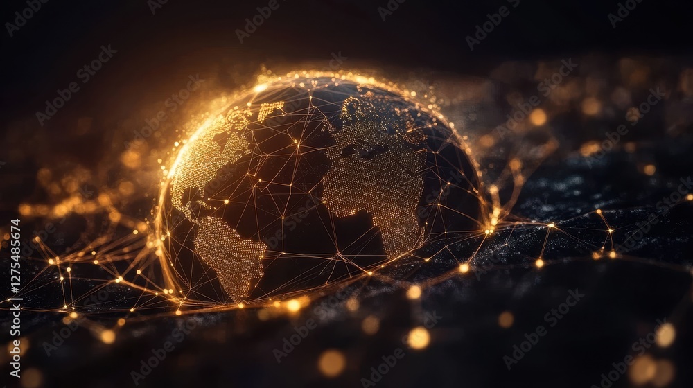 Poster glowing world map with digital network connections in dark background