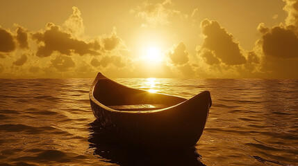 A serene sunset illuminates a solitary boat floating on calm waters, creating a tranquil and picturesque scene