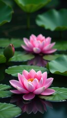 Peonies submerged in a quiet pond with water lilies, plant life, aquatic