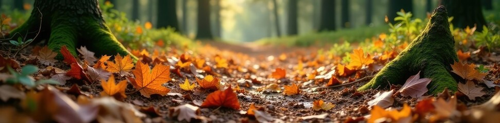 Pine forest floor covered in fallen leaves and pine needles, leaves, nature