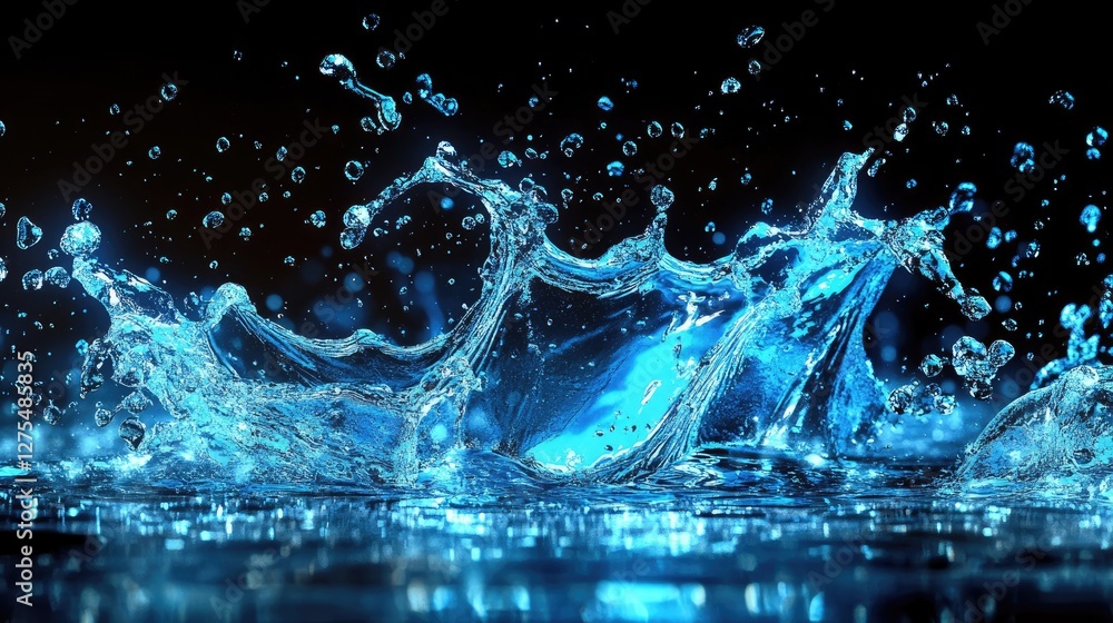Poster glowing neon water droplets splashing and forming dynamic designs mid-air, set against a deep, dark 