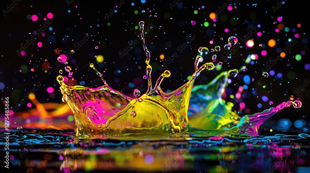 Poster glowing neon water droplets splashing and forming dynamic designs mid-air, set against a deep, dark 
