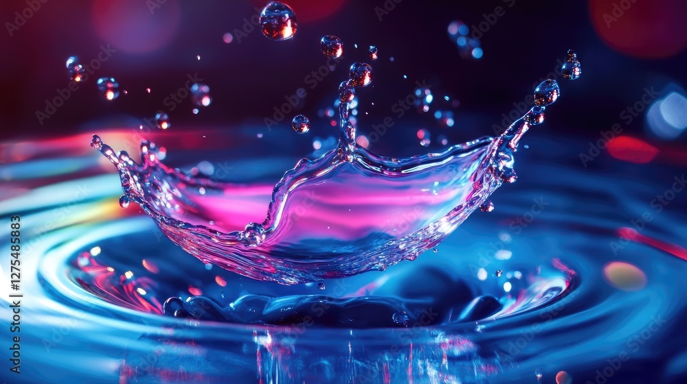 Poster glowing neon water droplets splashing and forming dynamic designs mid-air, set against a deep, dark 
