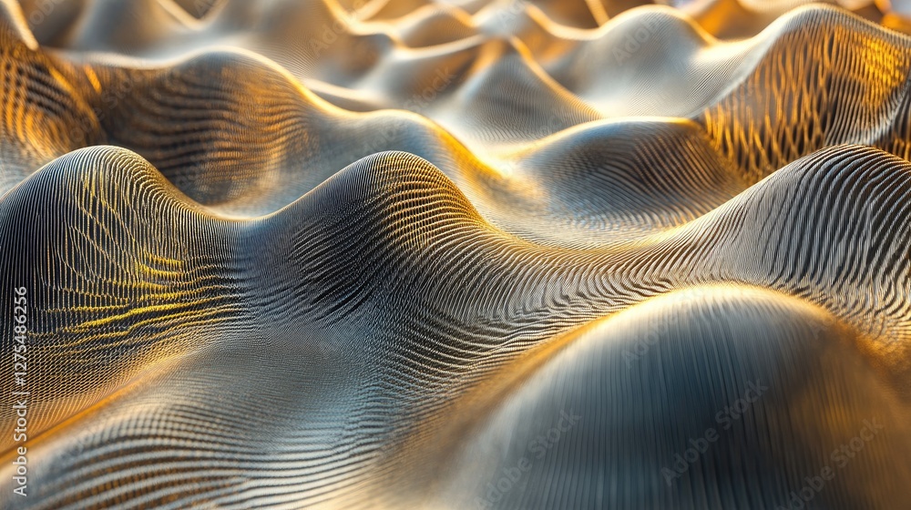 Poster Golden waves flowing in 3D with a shimmering, metallic surface, undulating in an abstract, mesmerizing design full of rich visual texture