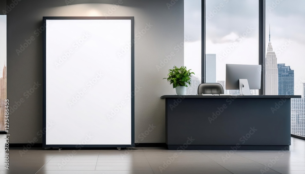 Poster Minimalistic Office Reception Design Modern Empty Frame Branding Display, Stark White Against a Clean Desk Backdrop, Setting a Professional yet Inviting Mood.