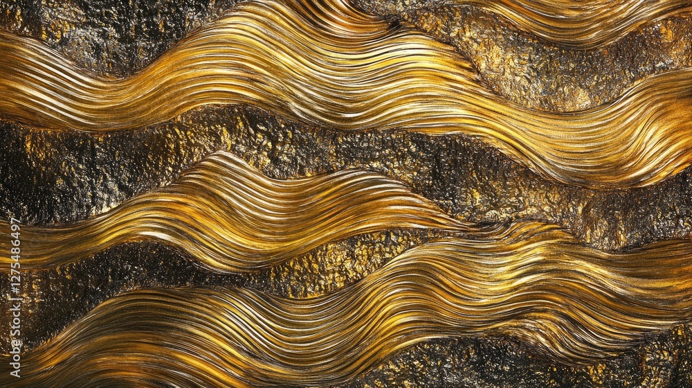 Aufkleber golden waves flowing in 3d with a shimmering, metallic surface, undulating in an abstract, mesmerizi