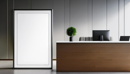 Minimalist White Office Reception Design Empty Framed Branding Against a Vertical Mockup Backdrop, Incorporating Modern Sleekness and Openness in an Urban Workspace Setting