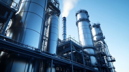 A high-tech industrial facility converting waste into diesel, featuring shiny metal tanks, intricate pipe networks, and steel walkways. Modern, sustainable, and efficient.