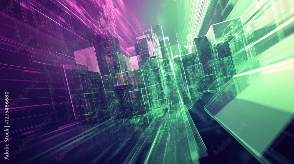 Poster Green and violet geometric patterns creating an abstract, flowing background that evokes the speed and versatility of Julia programming and data science
