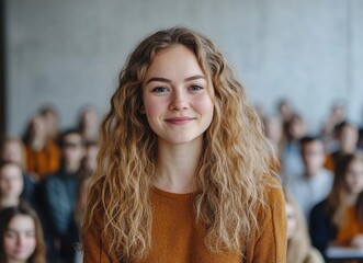 Fototapeta premium Smiling female teacher engaging with students in a vibrant classroom setting.