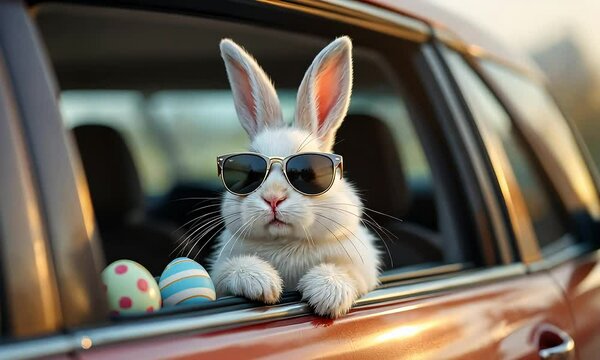 White Bunny Wearing Sunglasses in a Red Car