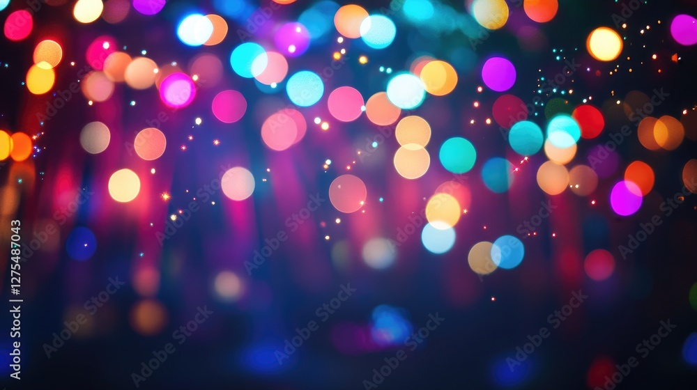 Poster light streaks in various vibrant colors mixed with sparkles, casting a festive glow in a dark space,