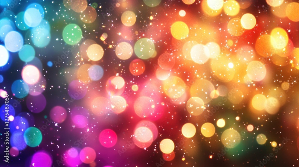 Poster light streaks in various vibrant colors mixed with sparkles, casting a festive glow in a dark space,