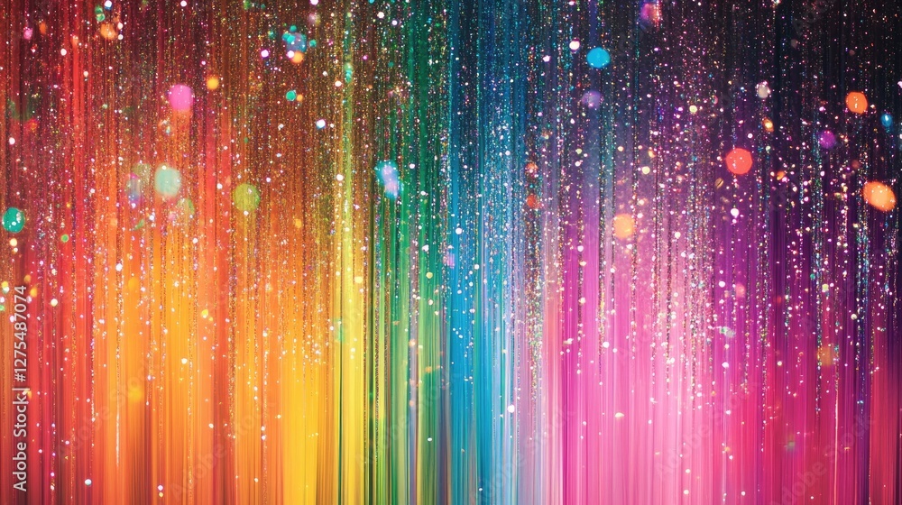 Poster light streaks in various vibrant colors mixed with sparkles, casting a festive glow in a dark space,
