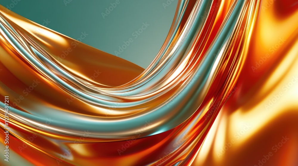 Poster lustrous metallic 3d waves move in a hypnotic rhythm, evoking fluidity and grace in an abstract desi