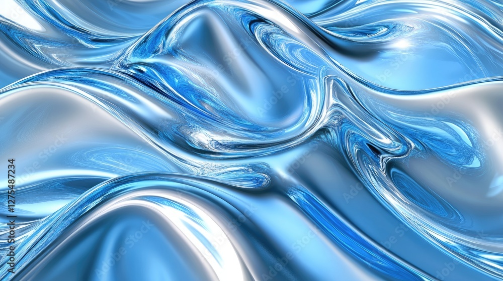 Poster lustrous metallic 3d waves move in a hypnotic rhythm, evoking fluidity and grace in an abstract desi