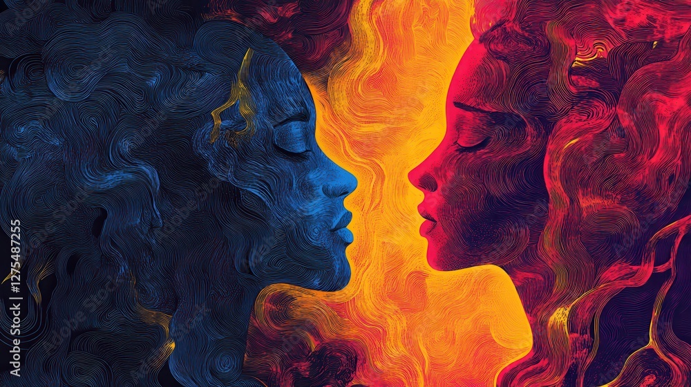 Poster abstract representation of two faces with colorful swirls