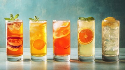 Fototapeta premium Refreshing summer drinks displayed in tall glasses with ice and citrus garnishes on a vibrant background