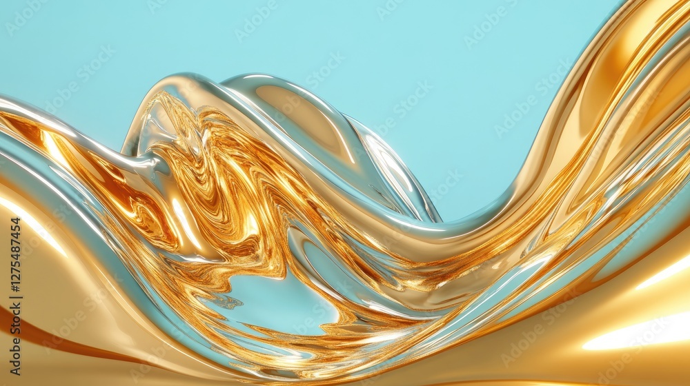 Poster Lustrous metallic 3D waves moving in a fluid, hypnotic rhythm, creating an abstract pattern that symbolizes modern elegance and fluidity