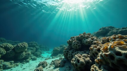 Obraz premium Bleached coral reef underwater with sunlight rays illuminating marine life 