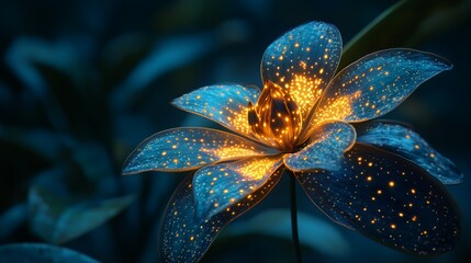 Close-Up of a Luminous Flower with Glowing Petals Surrounded by Dark Foliage at Twilight