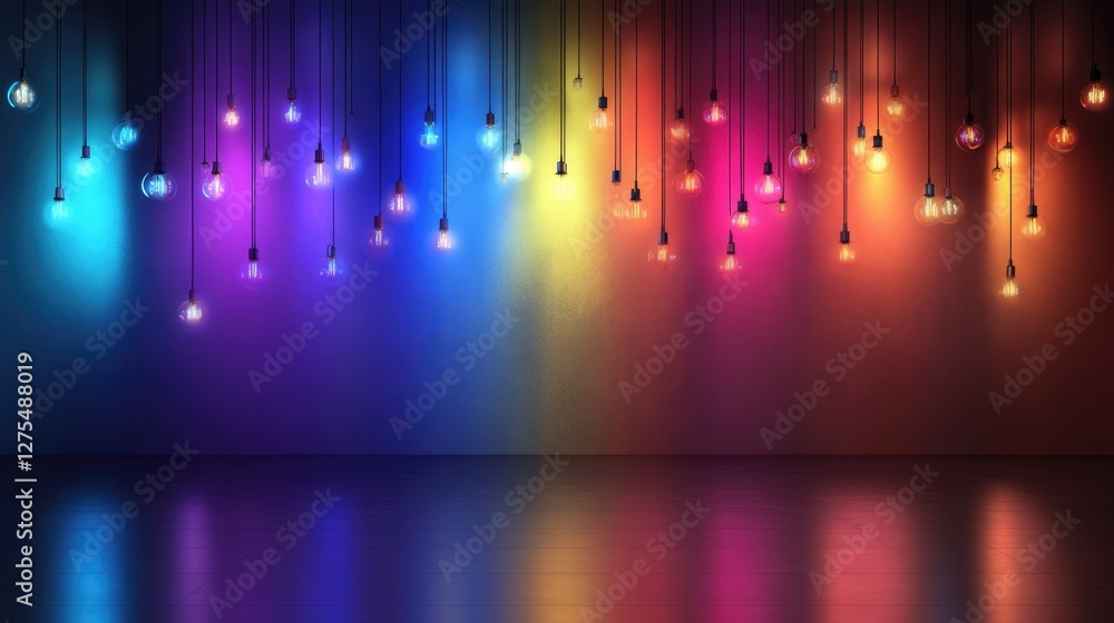 Poster modern multicolor stage design with dynamic light bulbs and a glossy surface, featuring a vibrant co