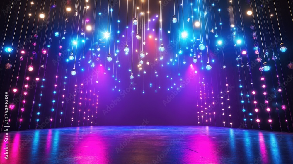 Poster modern multicolor stage design with dynamic light bulbs and a glossy surface, featuring a vibrant co