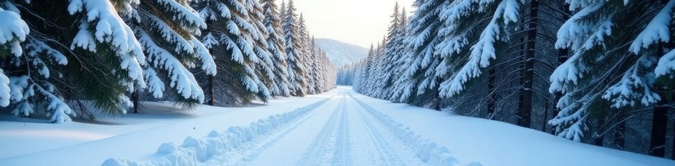Snow-capped pine tree branches stretch above a serene snow-covered road through the forest, winter wonderland, snow covered road