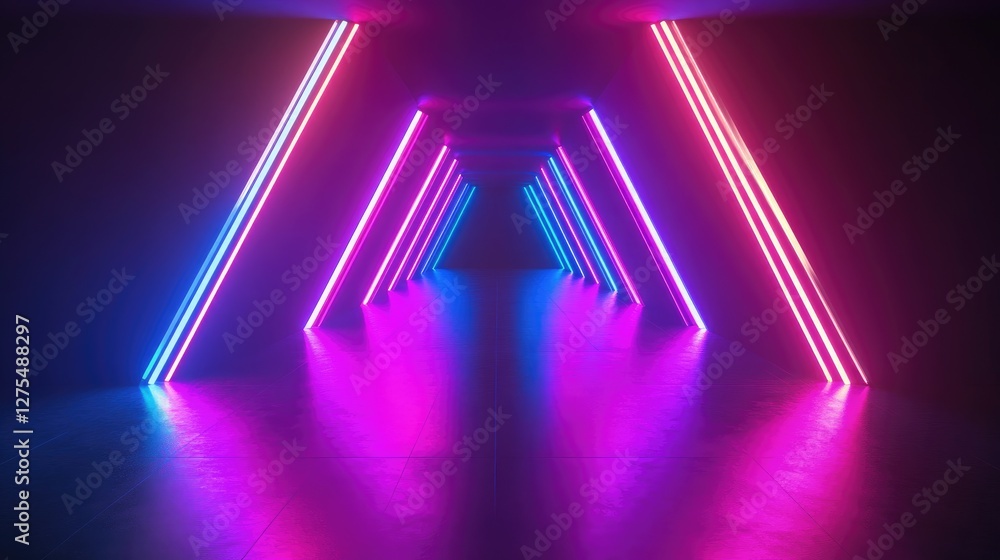 Poster Neon lights glowing in a 3D rendered dark space, creating a high-tech, futuristic atmosphere with deep shadows and vibrant neon colors