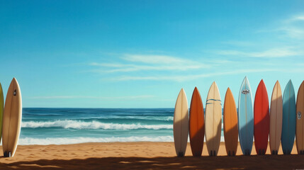 A group of surfboards lined up on the sandy shore, with crystal-clear waves in the background and surfers preparing for their next ride in the golden morning light.