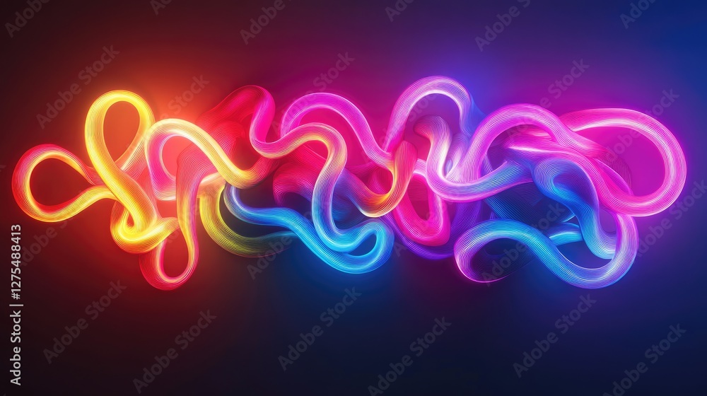 Poster Neon lights in a colorful gradient, glowing in Pride colors, forming dynamic and abstract patterns on a dark background, full of energy and inclusivity
