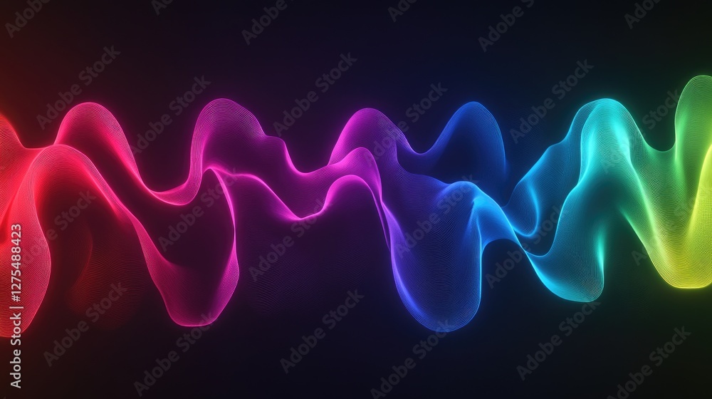 Poster Neon lights in a colorful gradient, glowing in Pride colors, forming dynamic and abstract patterns on a dark background, full of energy and inclusivity