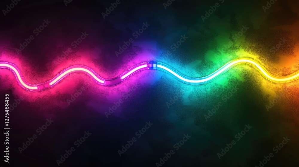 Poster neon lights in a colorful gradient, glowing in pride colors, forming dynamic and abstract patterns o
