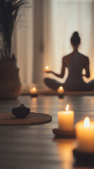 A serene figure meditating among calming candles and plants.