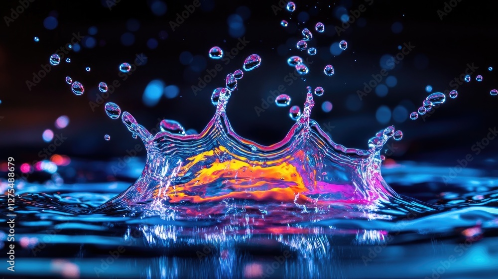 Poster Neon-colored water splash with droplets suspended in the air, creating intricate patterns and designs against a deep, dark background, full of energy and movement