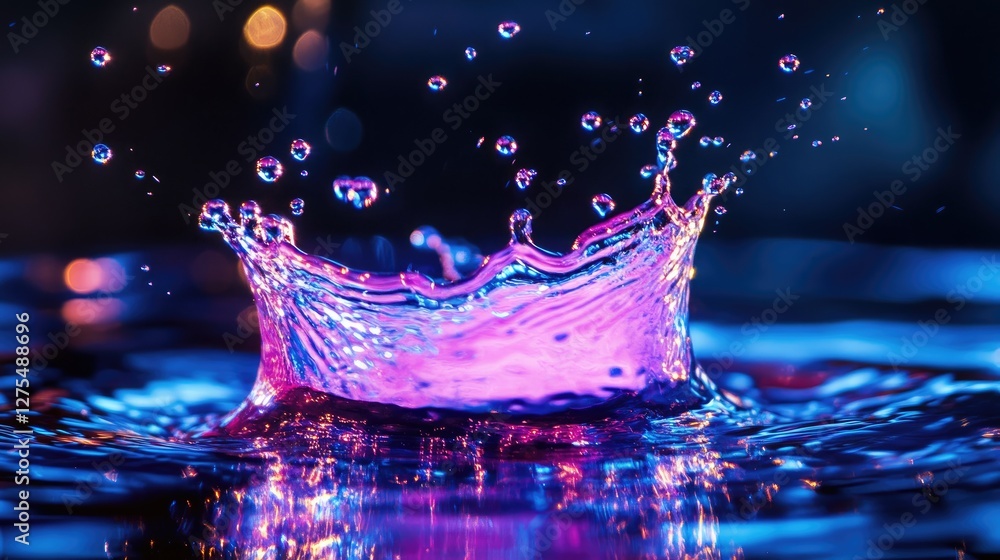 Poster Neon-colored water splash with droplets suspended in the air, creating intricate patterns and designs against a deep, dark background, full of energy and movement