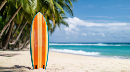 A brightly painted surfboard standing upright in the sand, surrounded by tropical palm trees, with turquoise waves breaking against the shoreline in the distance.