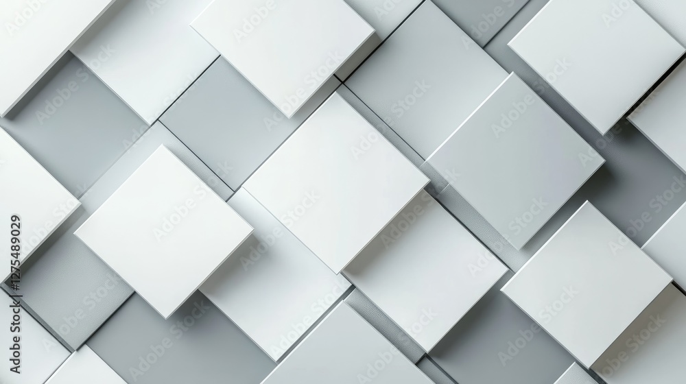 Aufkleber Overlapping 3D white and grey squares in a stylized abstract design, casting subtle shadows for depth and creating a sophisticated, minimalist background