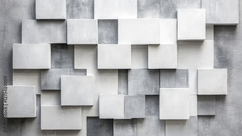 Aufkleber Overlapping 3D white and grey squares in a stylized abstract design, casting subtle shadows for depth and creating a sophisticated, minimalist background