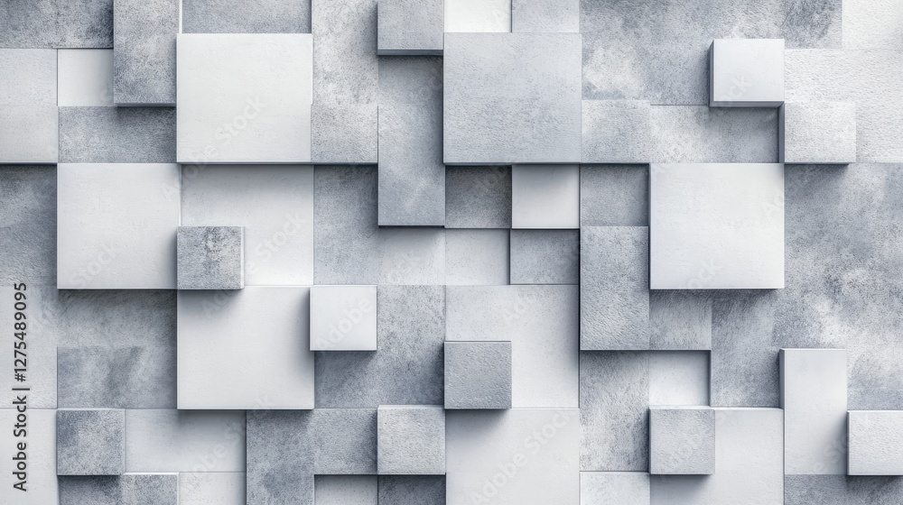 Aufkleber Overlapping 3D white and grey squares in a stylized abstract design, casting subtle shadows for depth and creating a sophisticated, minimalist background