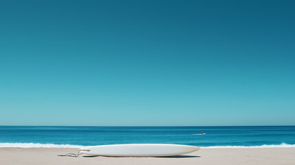 A long surfboard resting on the sand under a cloudless sky, with ocean waves in the background and a distant surfer paddling into the horizon.