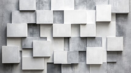 Overlapping 3D white and grey squares in a stylized abstract design, casting subtle shadows for depth and creating a sophisticated, minimalist background