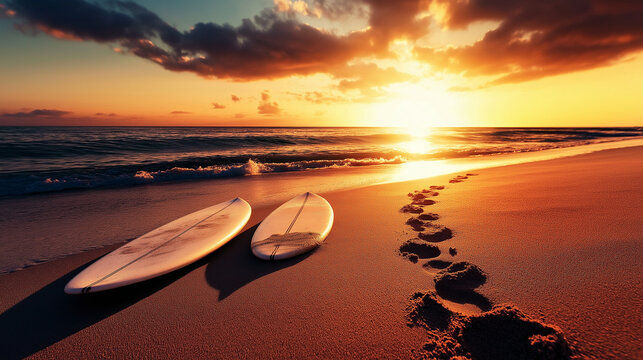 A couple of surfboards resting in the sand at the edge of the water, with footprints trailing from the shore to the waves and a vibrant sunset illuminating the scene.
