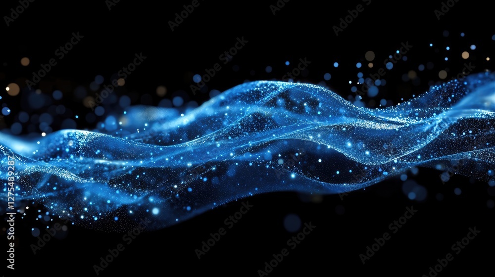 Poster sparkling blue waves flow through the background in an abstract design, creating a sense of movement